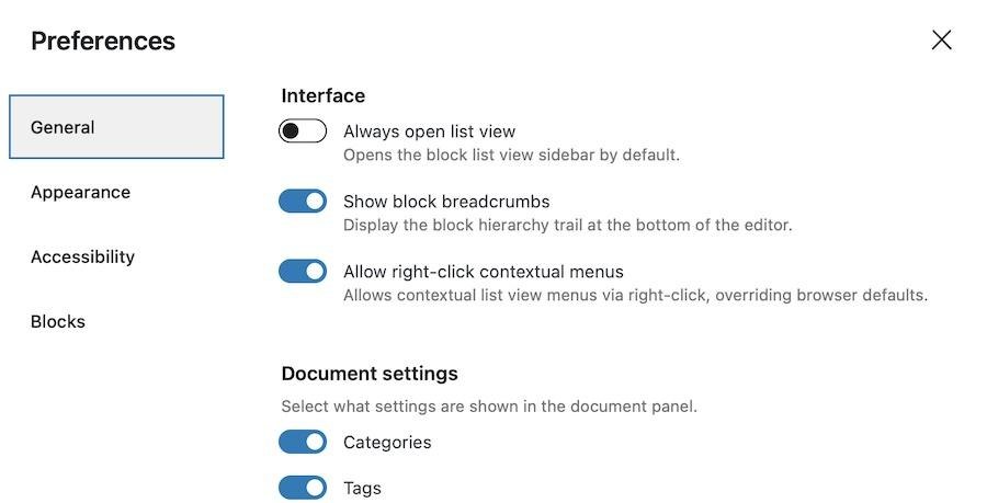 WordPress 6.5 preferences