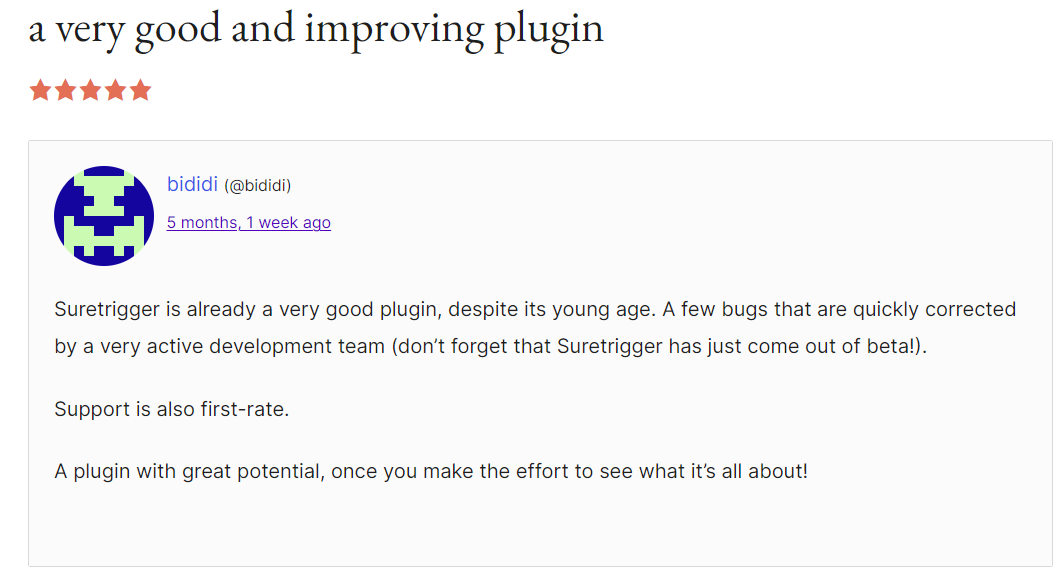 A positive WordPress.org comment by a user