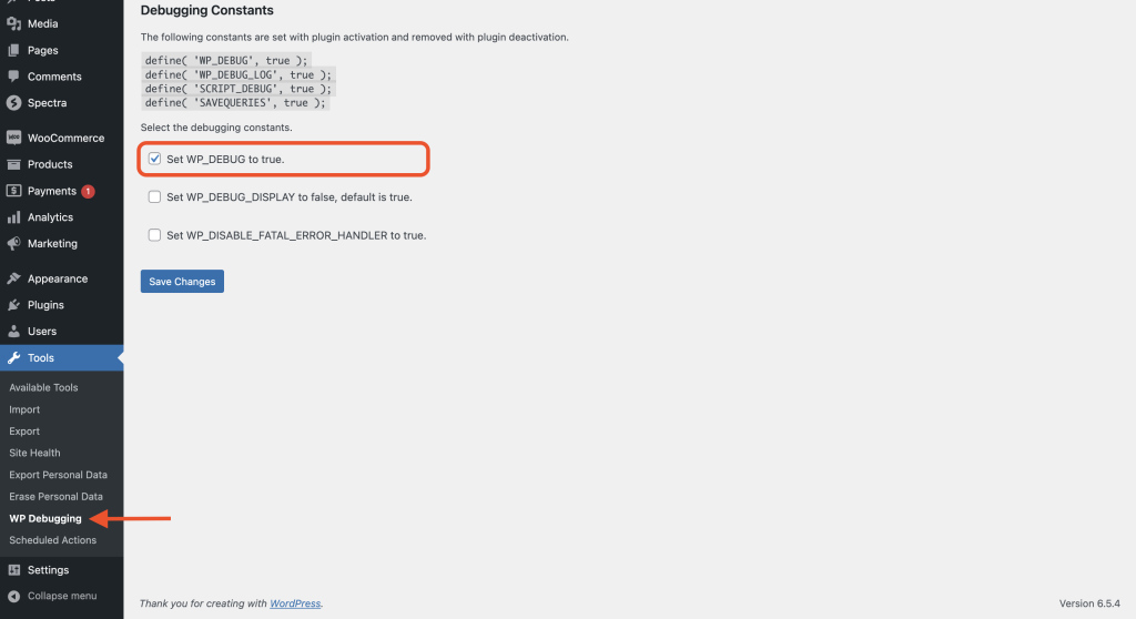 Set WP_DEBUG to true