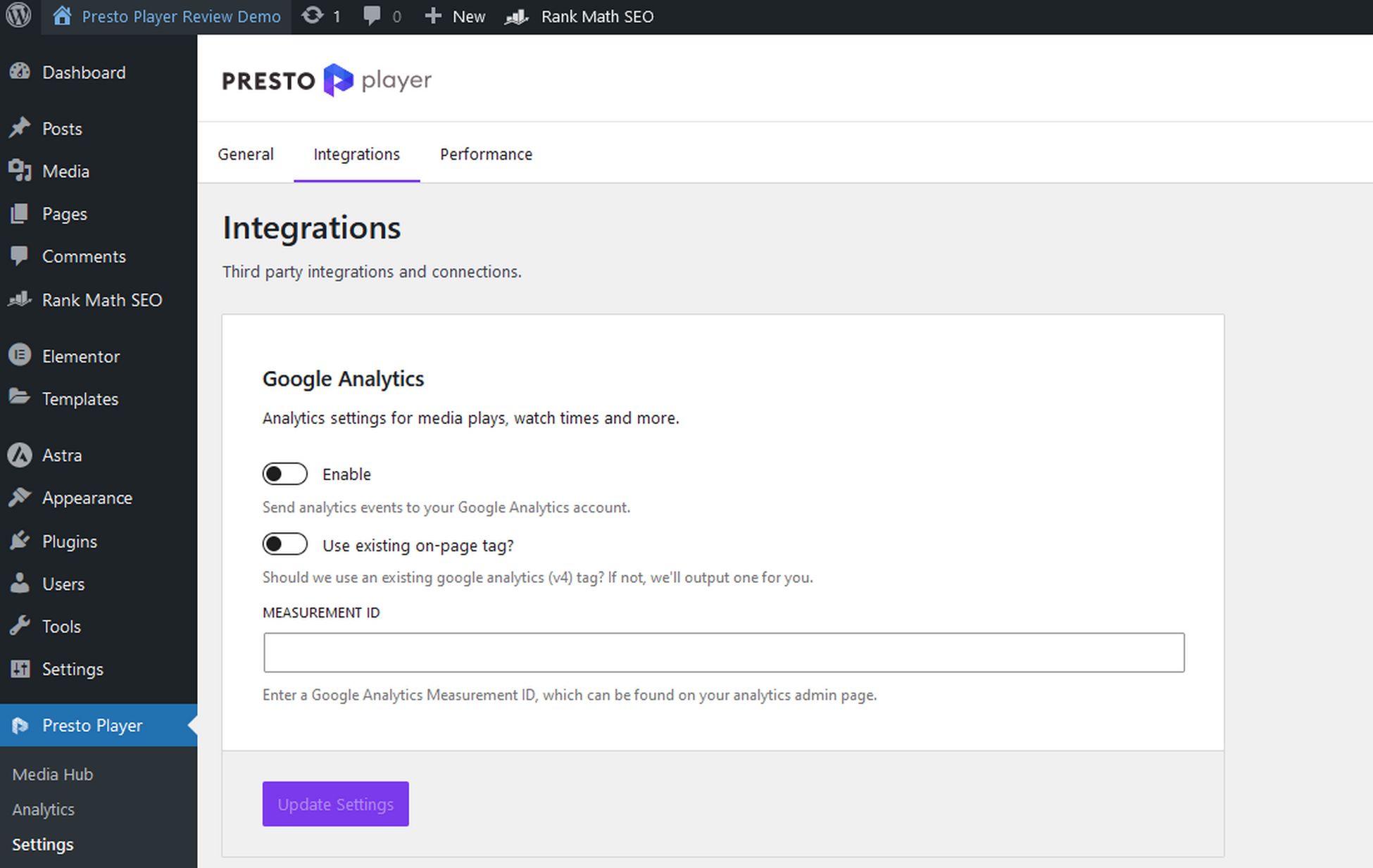 Presto player analytics details