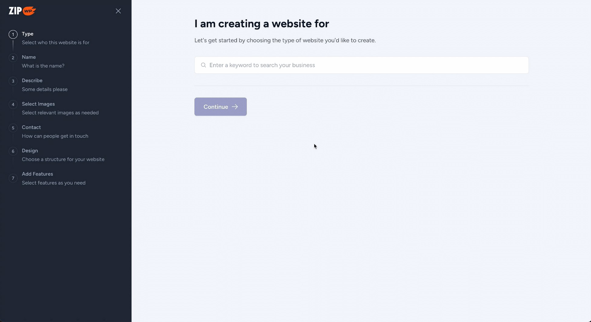 zipwp: choose website type